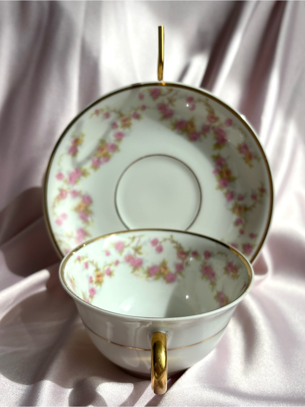 Antique Limoges Tea Cup & Saucer in White with Pink Rose Garland and Gold Trim - Picture 3 of 7